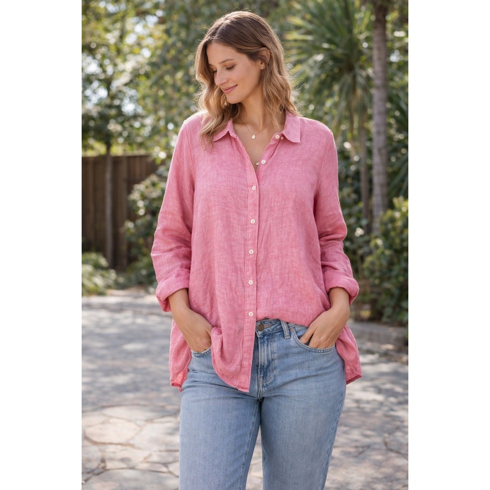 Talbots‎ Woman 100% Linen 2XP Lagen Look Relaxed Fit Pink Button Up Shirt Preppy